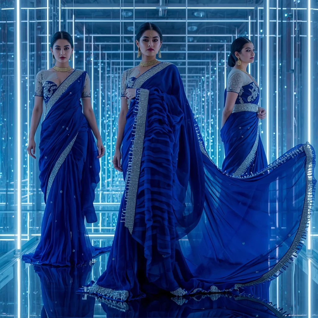 Royal Sapphire Saree with Neon Crystal Chamber | Ai Portrait Prompt