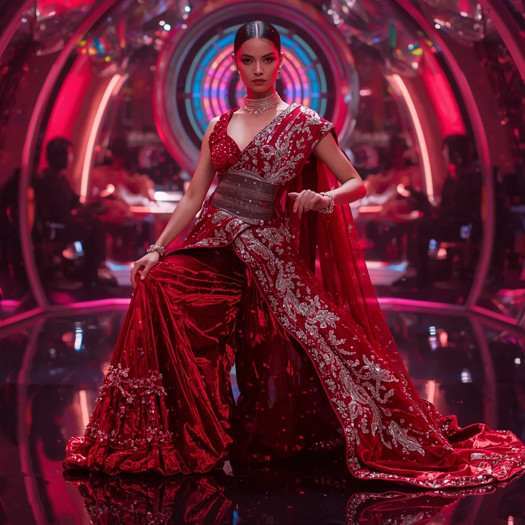 Ruby Crystal Aurora Saree with Neon Reflection Dome | Fitness Model Ai Prompt