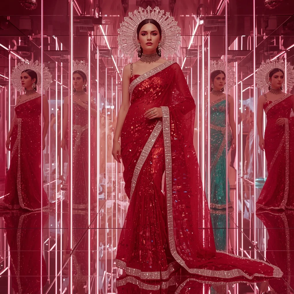 Ruby Crystal Hypergoddess Saree with Endless Glamour Poses and Holographic Mirror Infinity Universe | Saree Ai Prompt