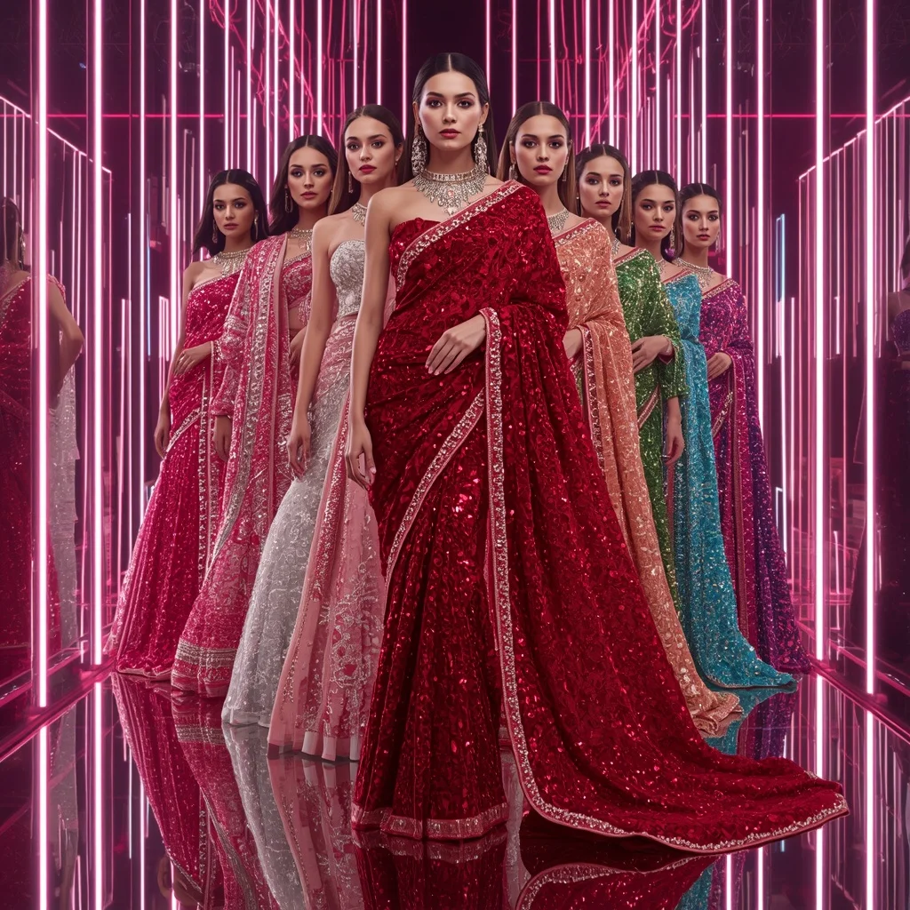 Ruby Crystal Infinity Saree with Endless Glamour Poses and Holographic Mirror Megaverse | Instagram Reel Ai Prompt