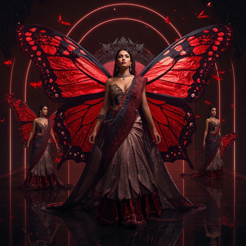 Ruby Eclipse Butterfly Saree with Multiple Dramatic Poses and Dark Palace Background | Grok Ai Prompt
