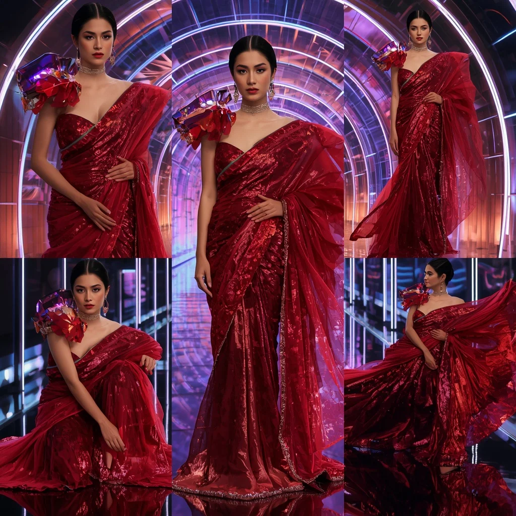 Ruby Flame Festival Saree with Floating Crystal Infinity Boulevard Palace | Gemini Ai Prompt Copy Paste