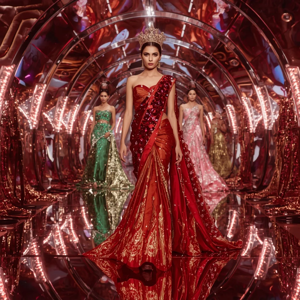 Ruby Inferno Infinity Queen Saree with Cinematic Runway Motions and Prism Reflection Celestial Hyperverse | Bridal Ai Prompt