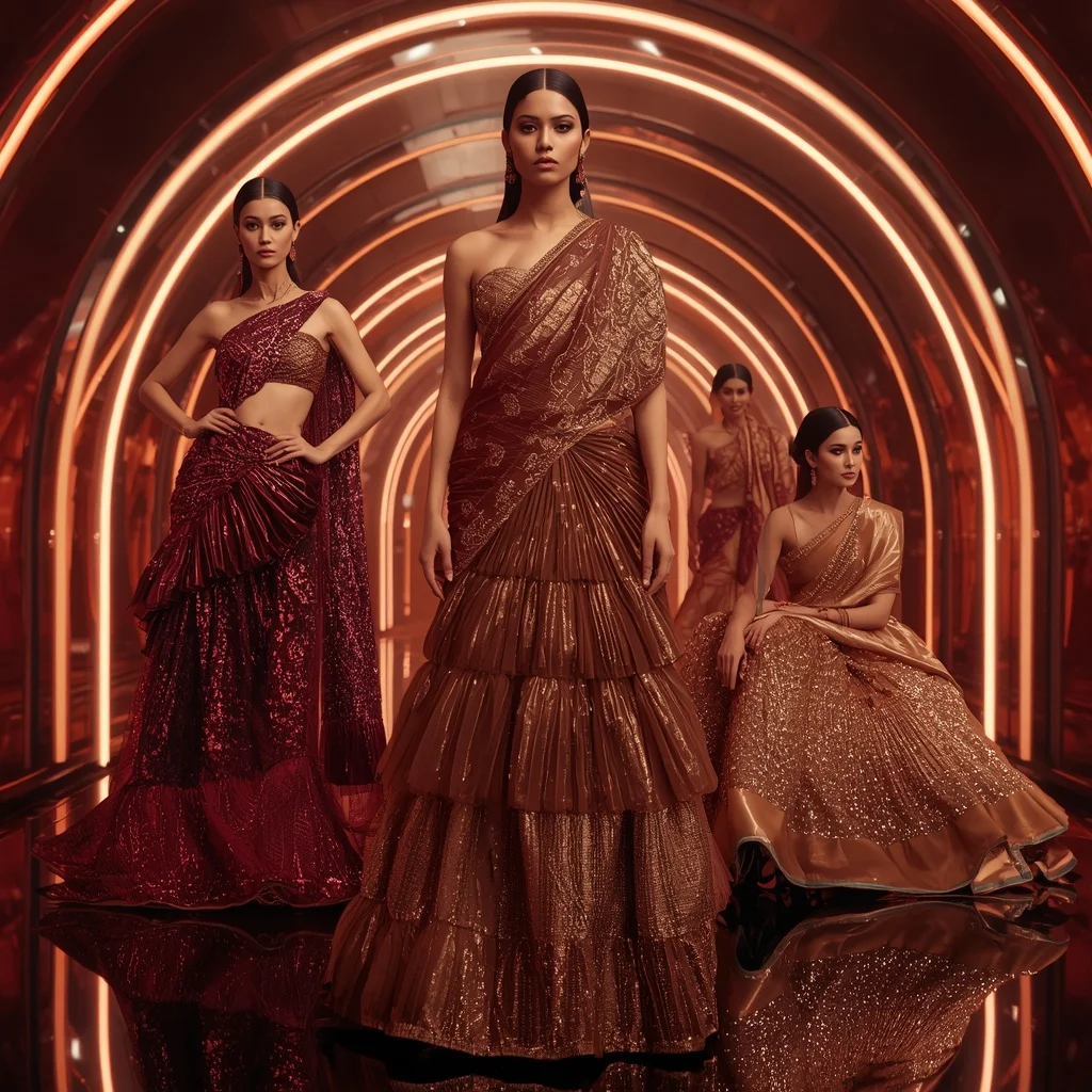 Ruby Mirage Metallic Saree with Curved Neon Arc Hall | New Design Ai Prompt