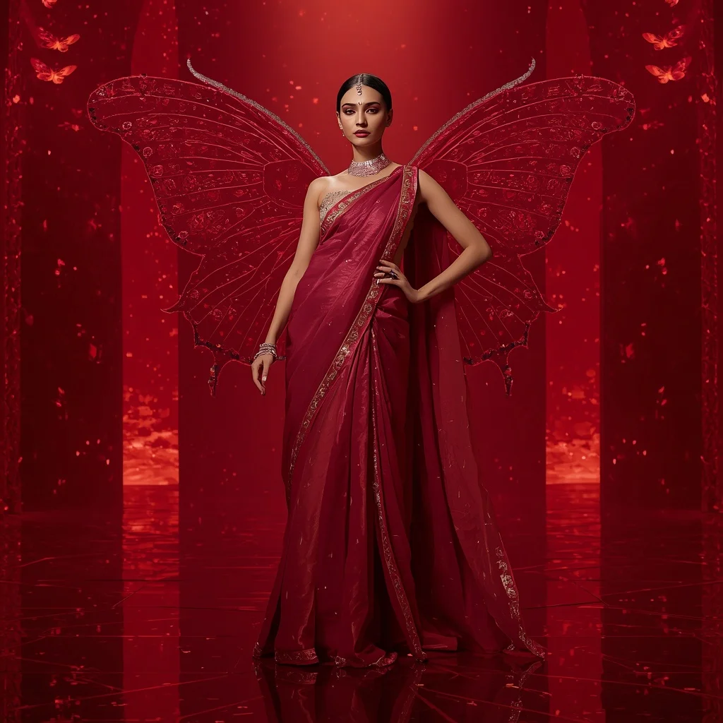 Ruby Prism Butterfly Flame Saree with Crimson Fantasy Hall Background | Gemini Ai Prompt