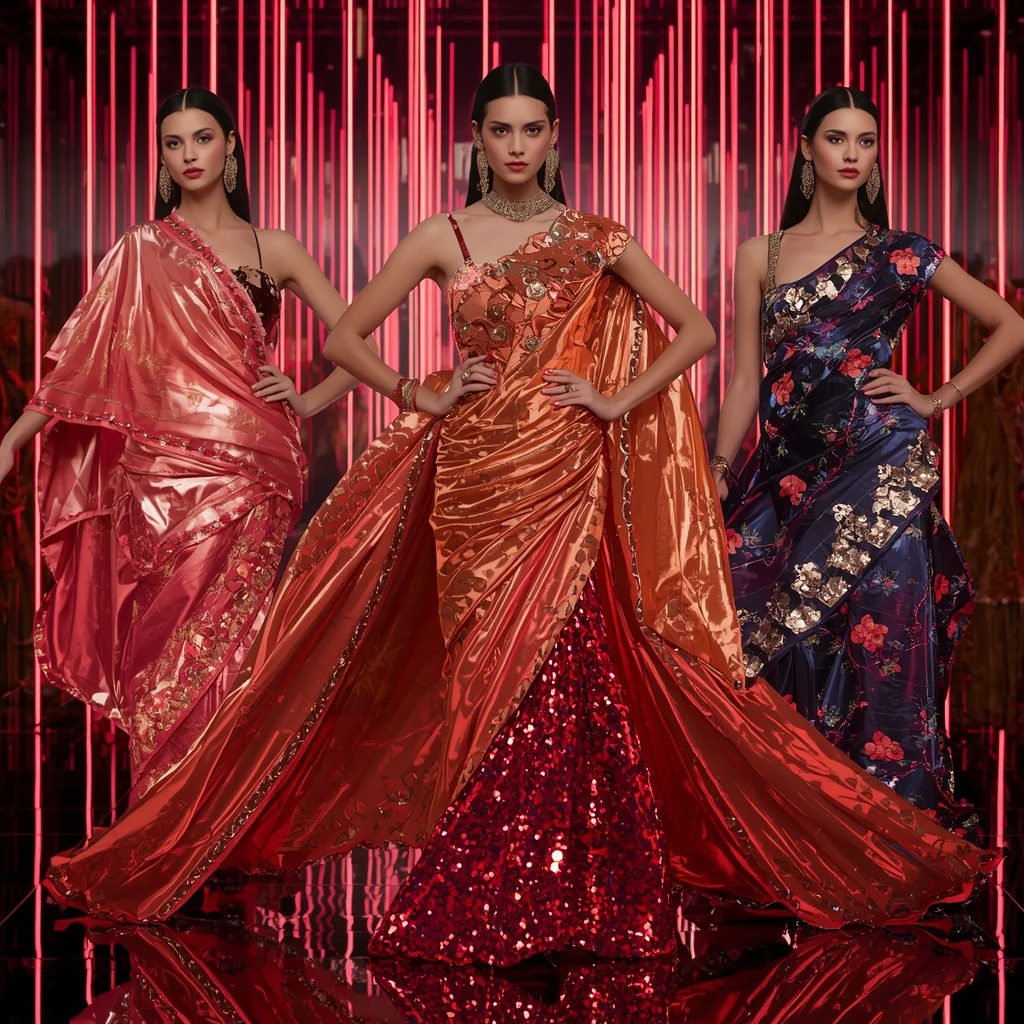 Ruby Prism Inferno Saree with Floating Runway Motions and Infinity Neon Hyperverse | Instagram Viral Photo Ai Prompt