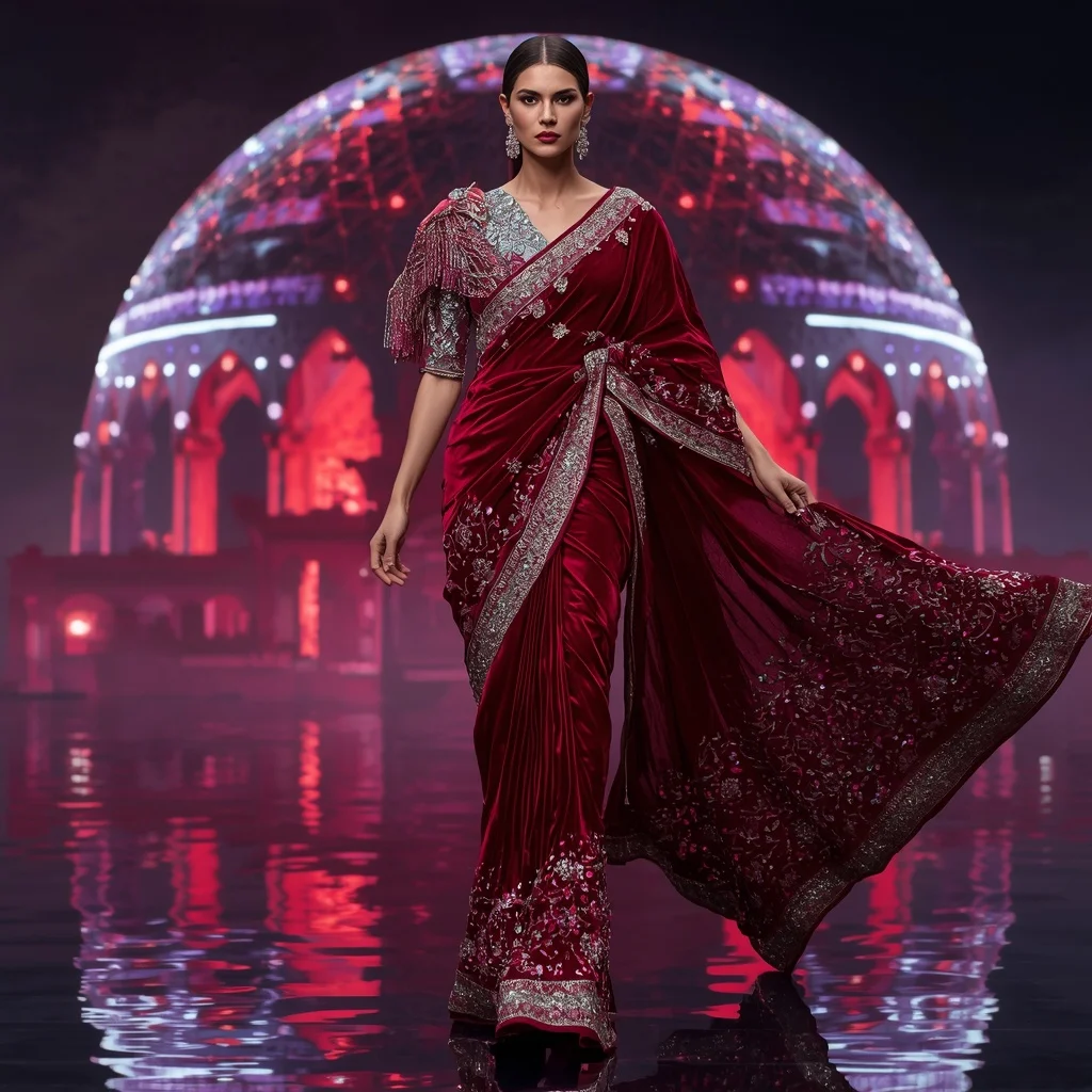 Ruby Velvet Galaxy Saree with Infinity Dome Citadel | Romantic Ai Prompt