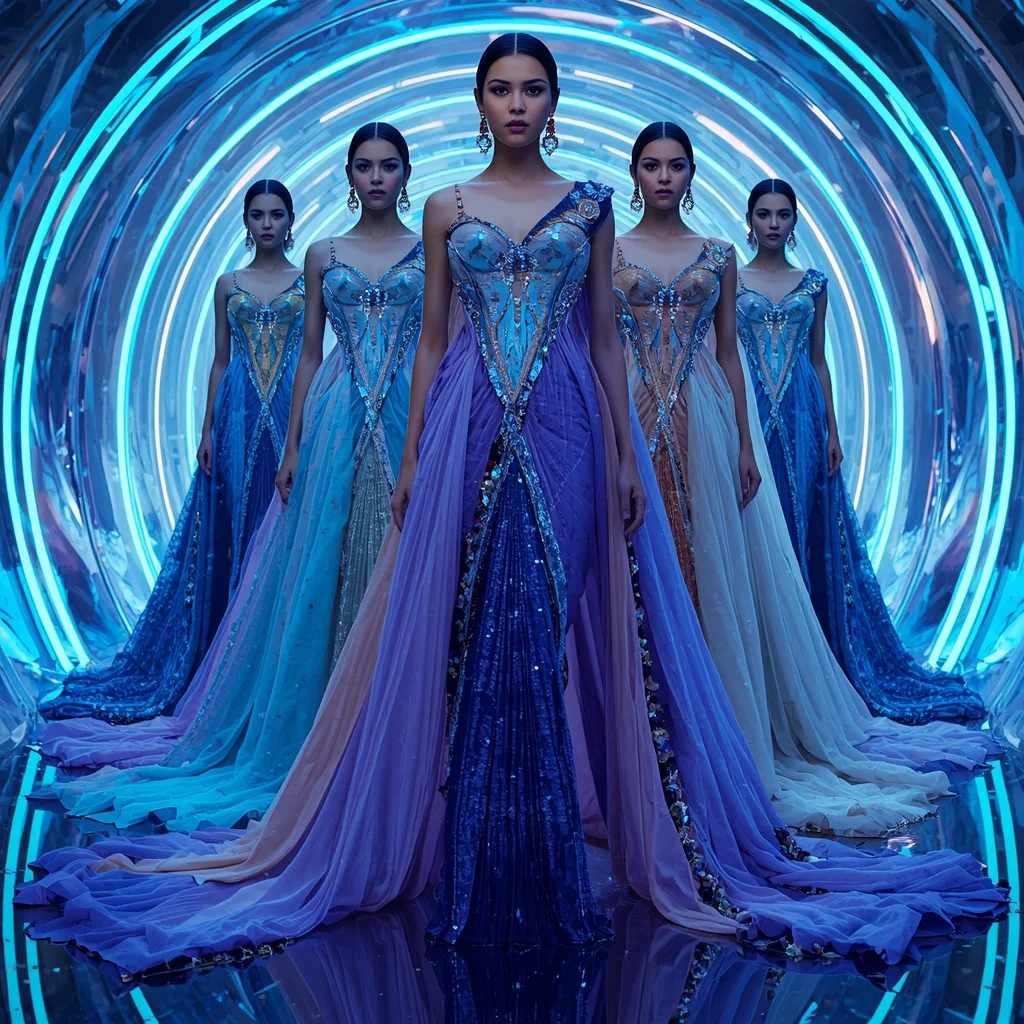 Sapphire Aurora Infinity Saree with Crystal Corridor Poses and Futuristic Neon Hyperdimension | Instagram Viral Photo Ai Prompt