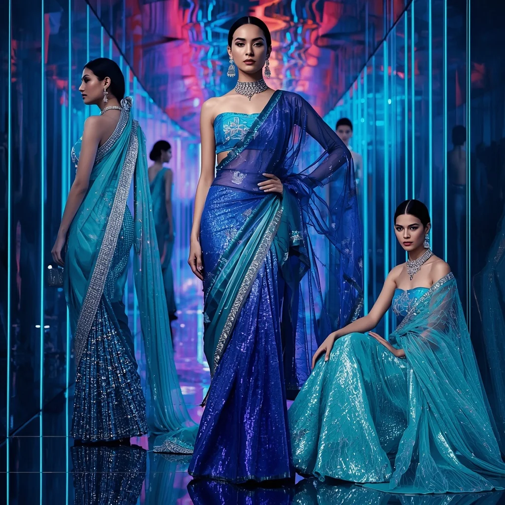 Sapphire Aurora Mirage Saree with Infinity Prism Corridor | Art Ai Prompt