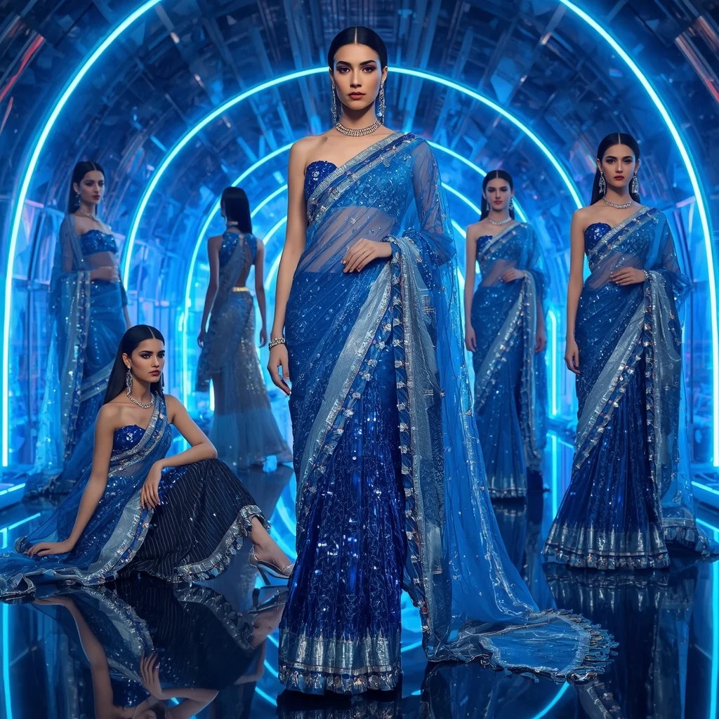 Sapphire Aurora Mirage Saree with Neon Crystal Fortress | Fantasy Ai Prompt