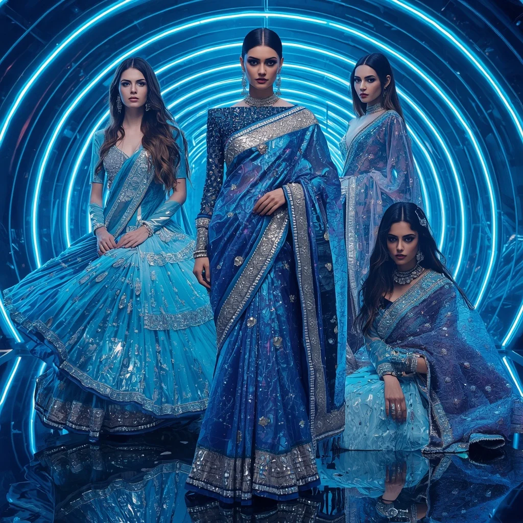 Sapphire Aurora Mirage Saree with Neon Crystal Orbit Hall | Prompt Generator