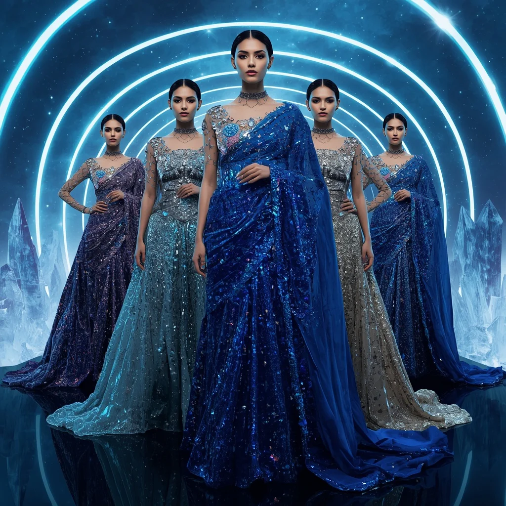 Sapphire Cosmic Goddess Saree with Crystal Corridor Poses and Futuristic Neon Megaverse | Secret Ai Prompt