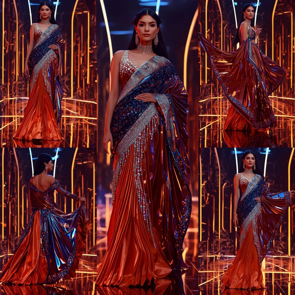 Sapphire Flame Queen Saree with Neon Lava Fortress | Desi Girl Ai Prompt