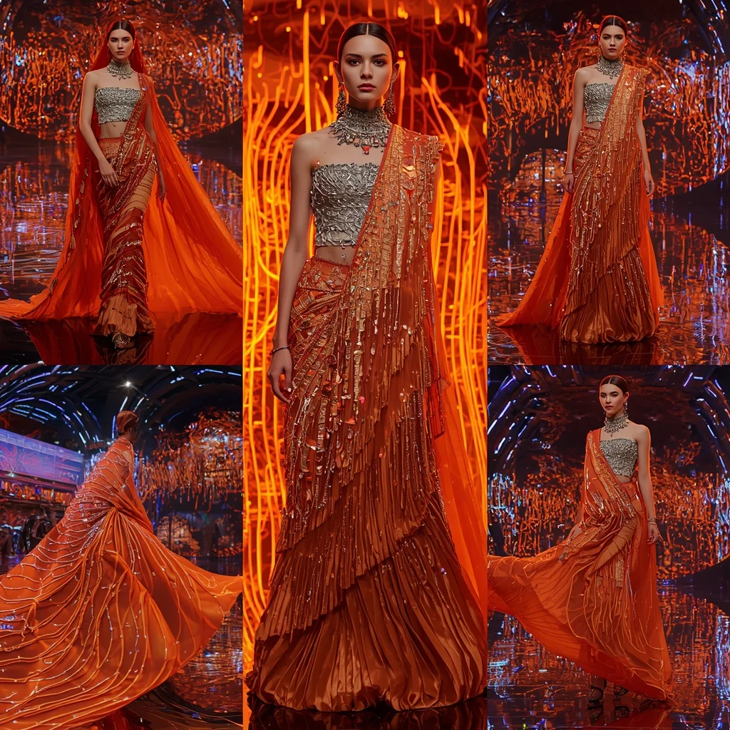 Sapphire Flame Queen Saree with Neon Lava Fortress | Prompt Chatgpt