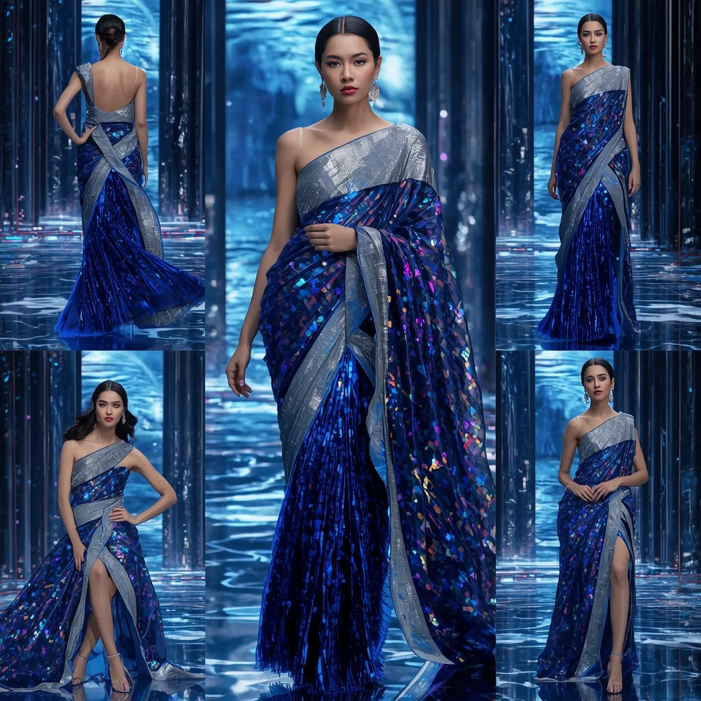 Sapphire Mirage Festival Saree with Floating Infinity Ocean Corridor | Trending Ai Prompt