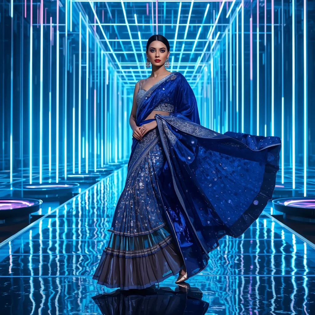 Sapphire Mirage Queen Saree with Floating LED Palace | Stable Diffusion Prompt
