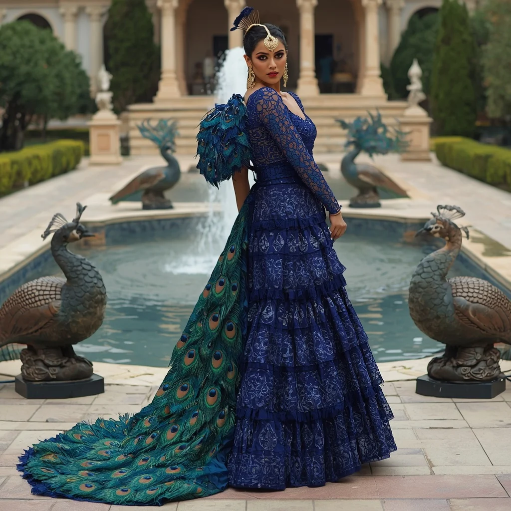Sapphire Peacock Butterfly Saree in Indian Palace Garden with Peacocks | Stable Diffusion Prompt