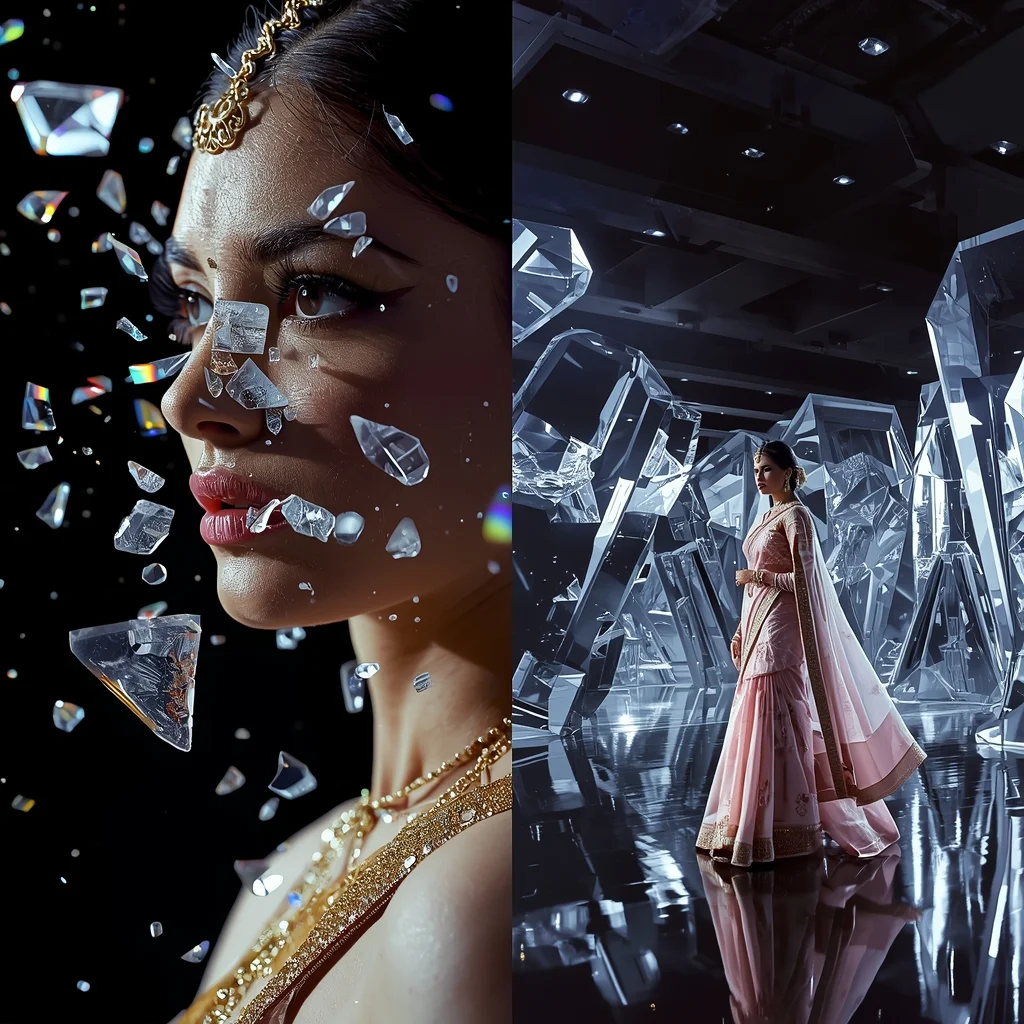 Shattered Glass Prism Rainbow Refraction Saree Editorial Look | Gemini Ai Prompt Saree Copy Paste