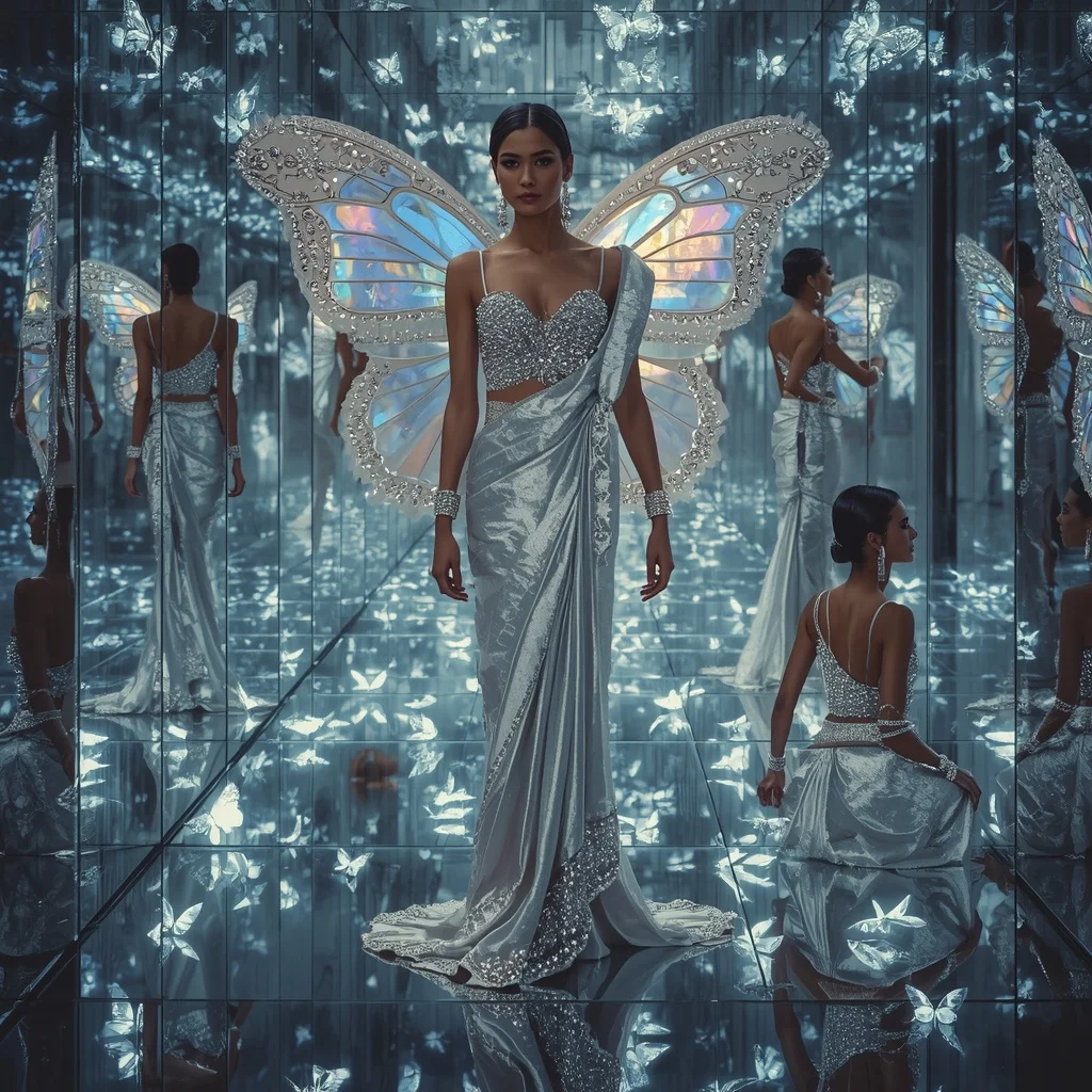 Silver Aurora Butterfly Saree with Multi Pose Infinity Mirror Background | Chatgpt Prompt