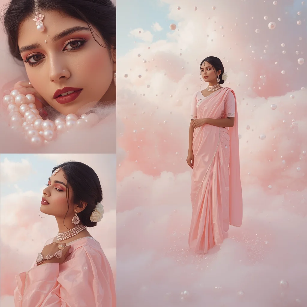 Soft Pastel Cloud And Floating Pearl Aesthetic For Saree Portrait | Saree Prompt