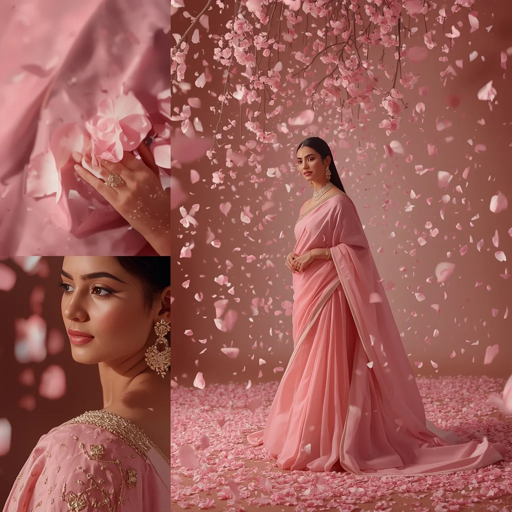 Soft Romantic Pastel Saree Aesthetic Featuring Illuminated Cherry Blossom Rain | Saree Selfie Ai Prompt