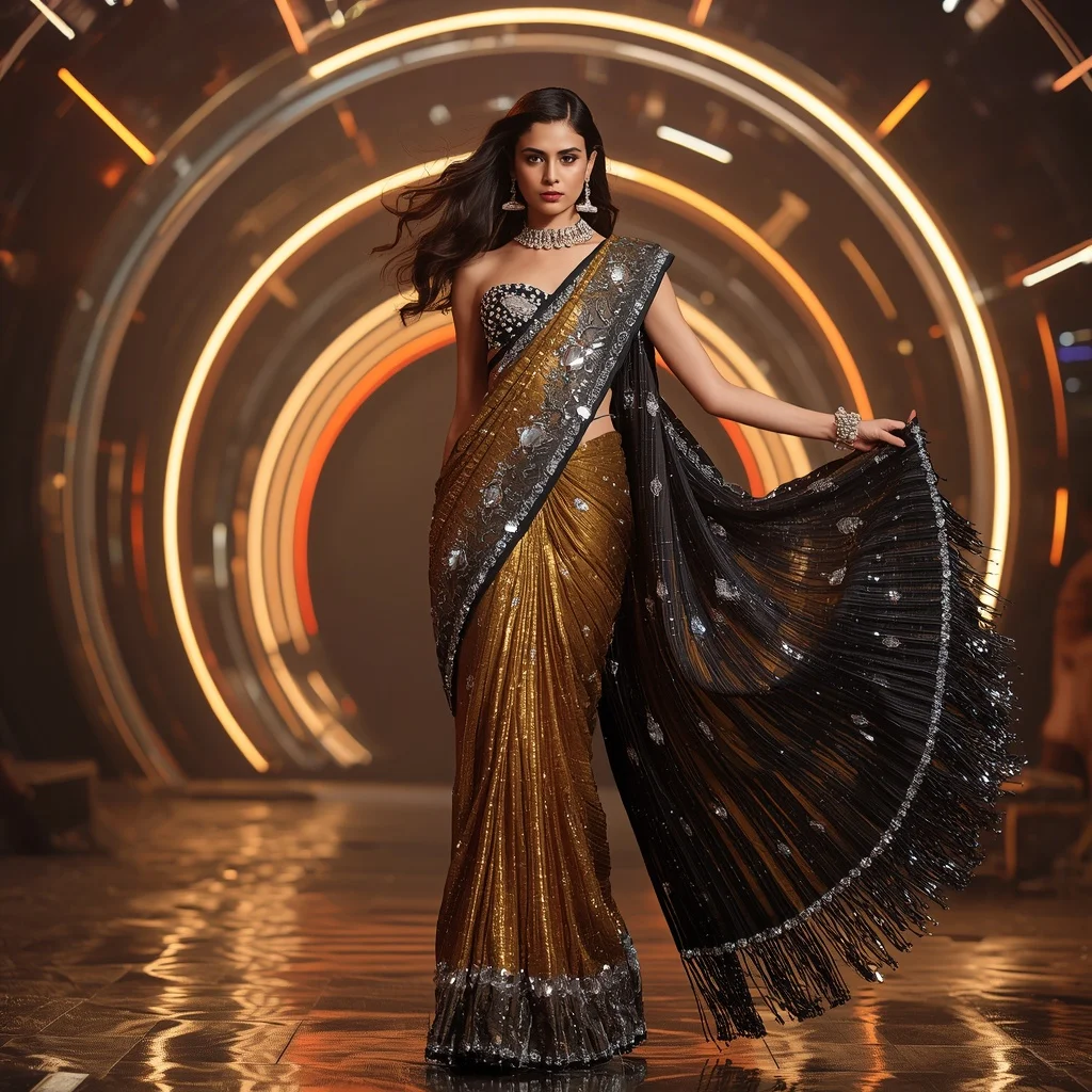 Solar Eclipse Crystal Saree with Infinity Arc Empire | Indian Girl Ai Prompt