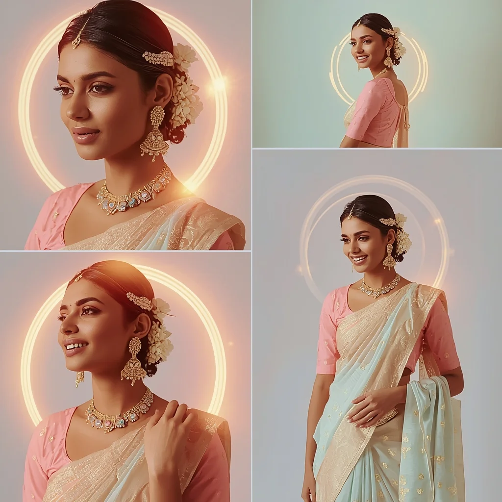 Solar Pulse Halo Drift Pastel Saree Indian Woman Luxury Composition | Saree Prompt Copy Paste