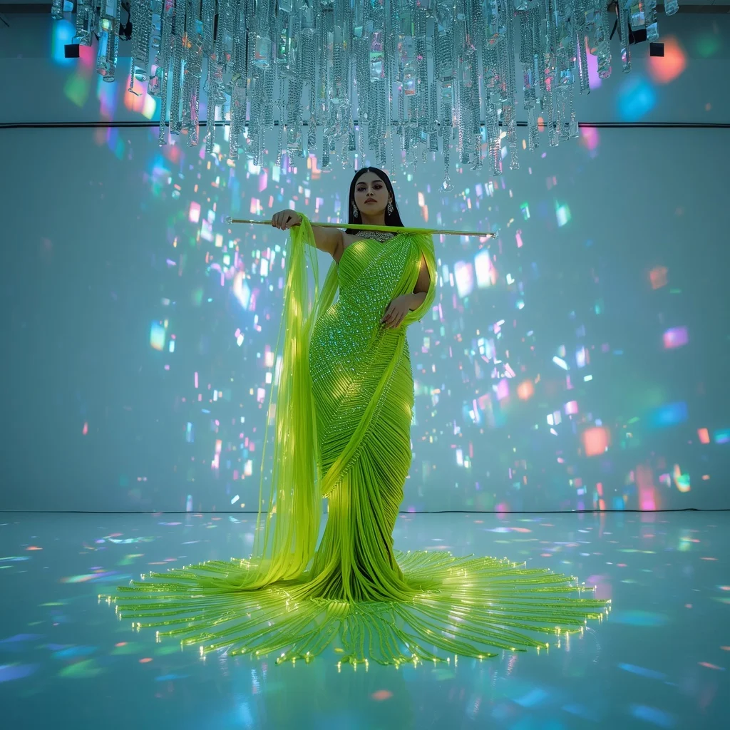 Solid Glass Bead & Fiber-Optic Woven Saree: Neon Green | The Twisted Torso Arm-Bar Pose | Floating LED Optical Illusions | Gemini Saree Prompt