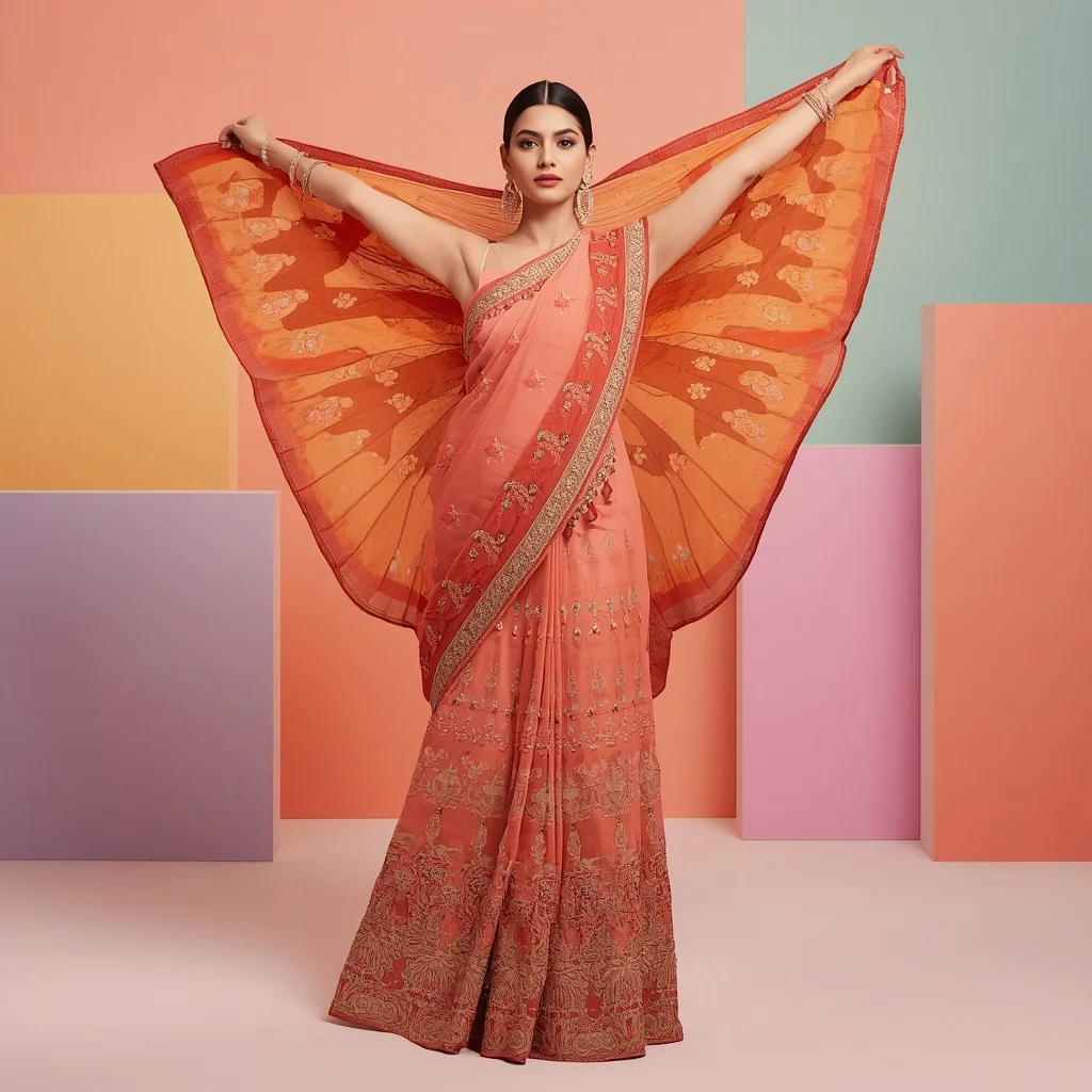 Sunset Coral Flame Butterfly Saree Look with Dupatta Front Toss Pose | Instagram Viral Photo Ai Prompt