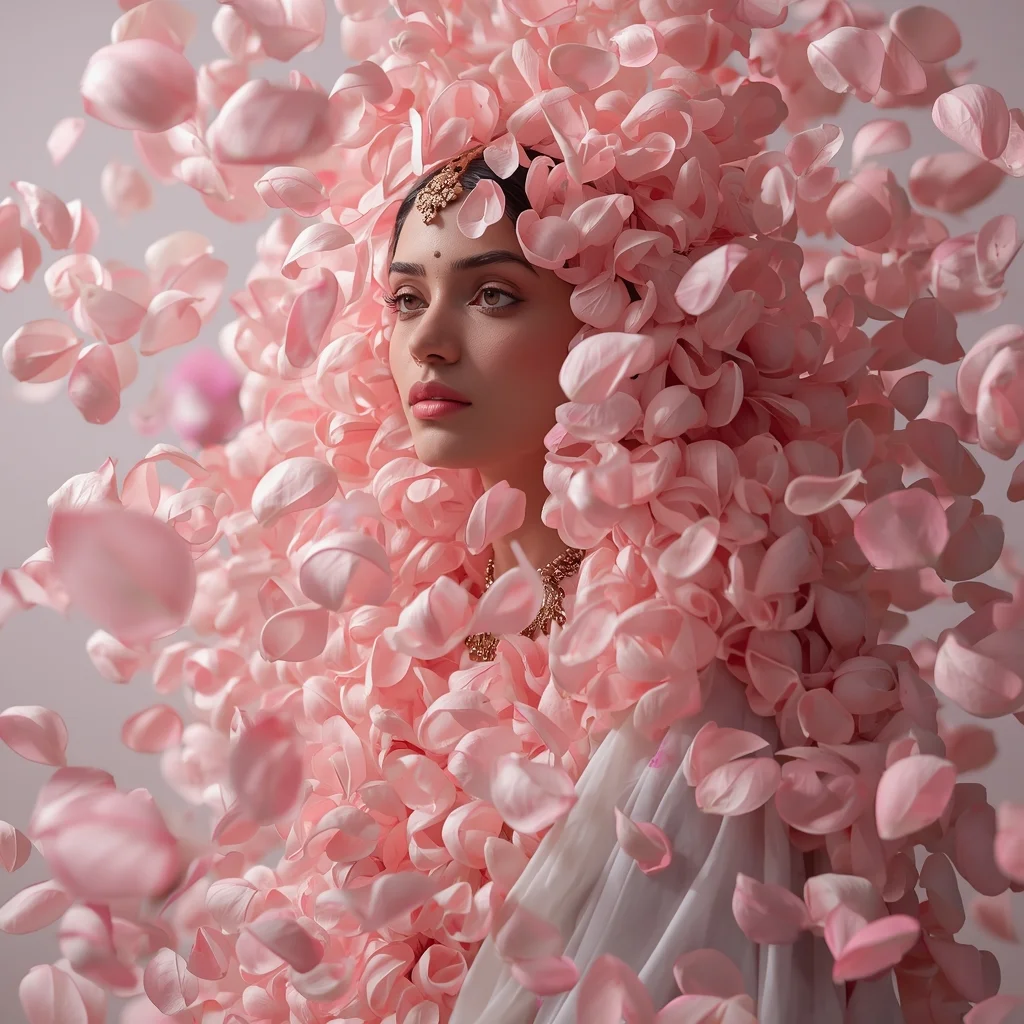 Surreal Portrait Of Pastel Saree Embellished With Floating Silk Petals | Desi Saree Ai Prompt