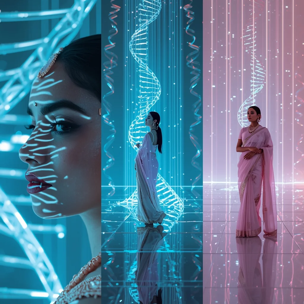 Three Panel Luminous DNA Helix Saree Futuristic Collage | Saree Prompt For Gemini Ai