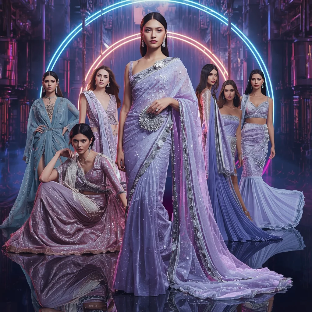 Titanium Aurora Royale Saree with Infinity Neon Orbit Fortress | Woman Pose Ai Prompt