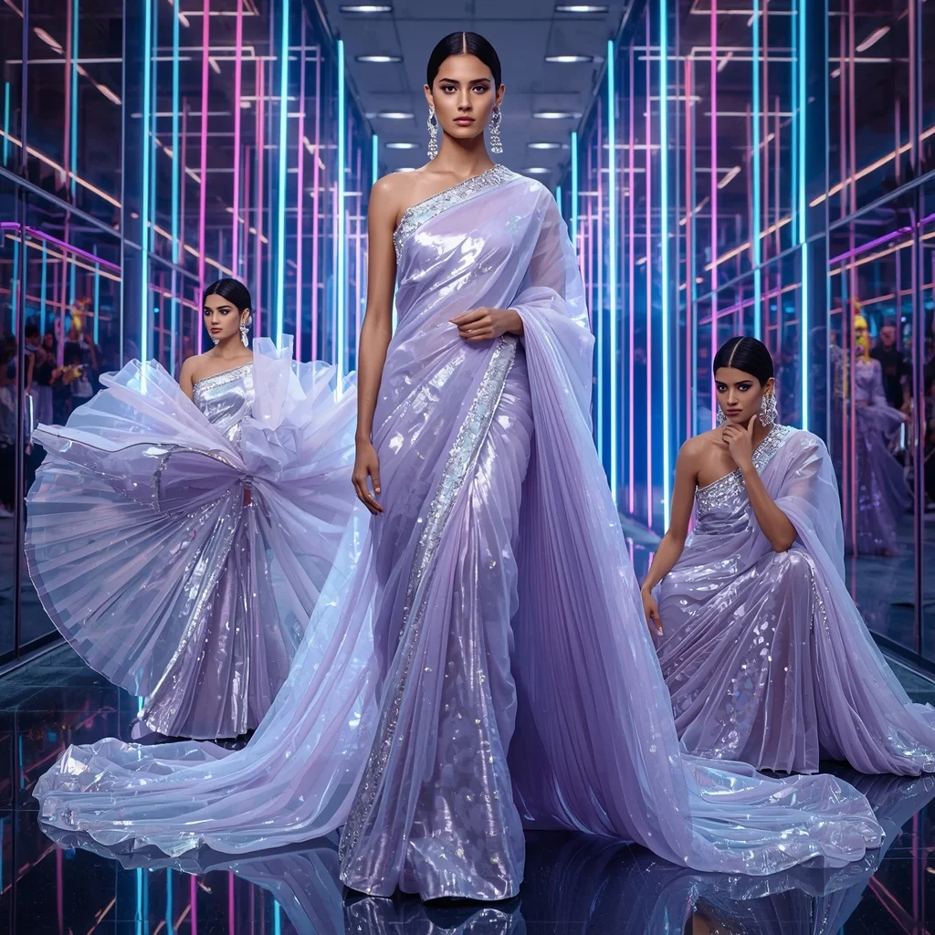 Titanium Crystal Royale Saree with Infinity Neon Atrium | Ai Prompt