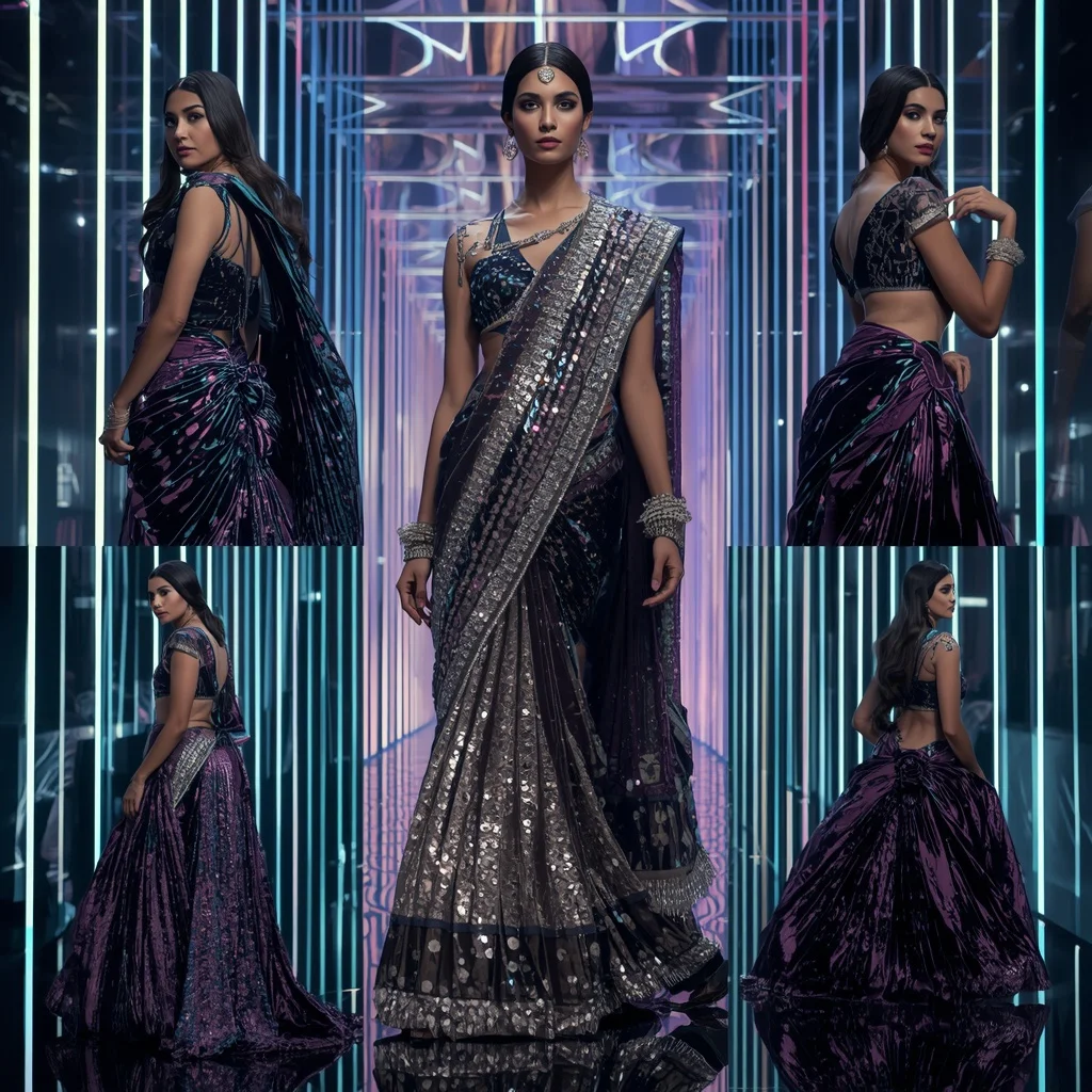 Velvet Galaxy Festival Saree with Digital Prism Infinity Runway Hall | ChatGPT Ai Prompt