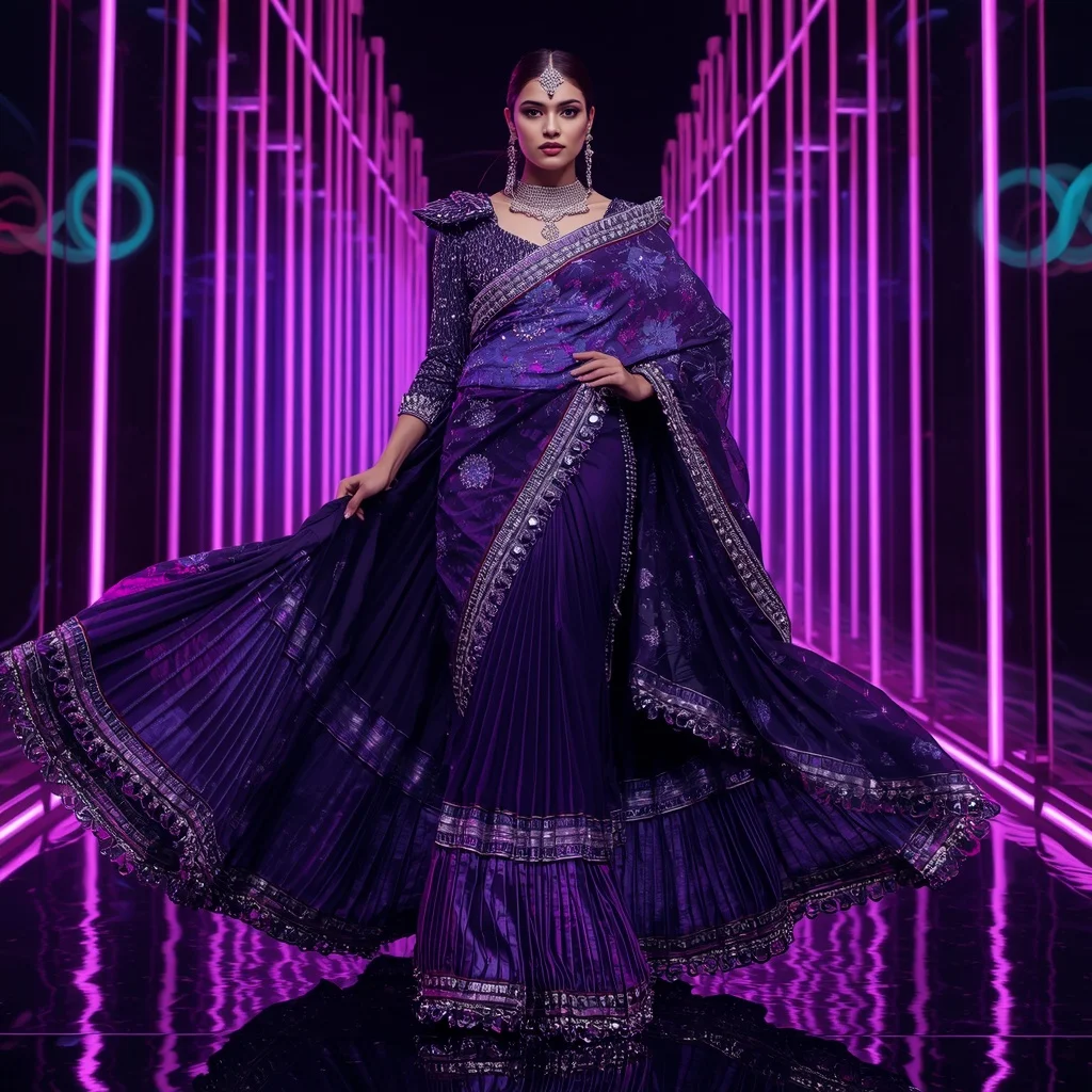 Violet Thunder Mirage Saree with Neon Infinity Fortress | Ai Prompt For Social Media