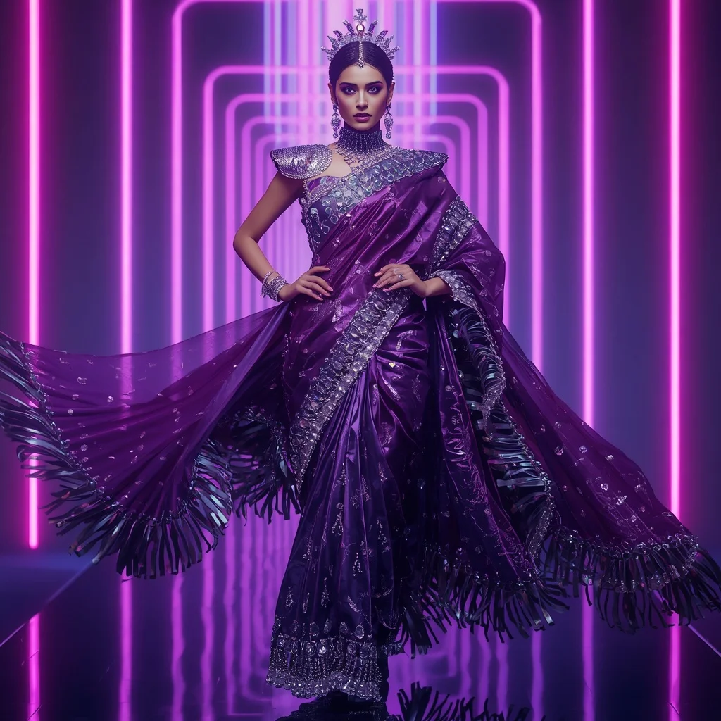 Violet Thunder Mirage Saree with Neon Infinity Fortress | Google Prompt