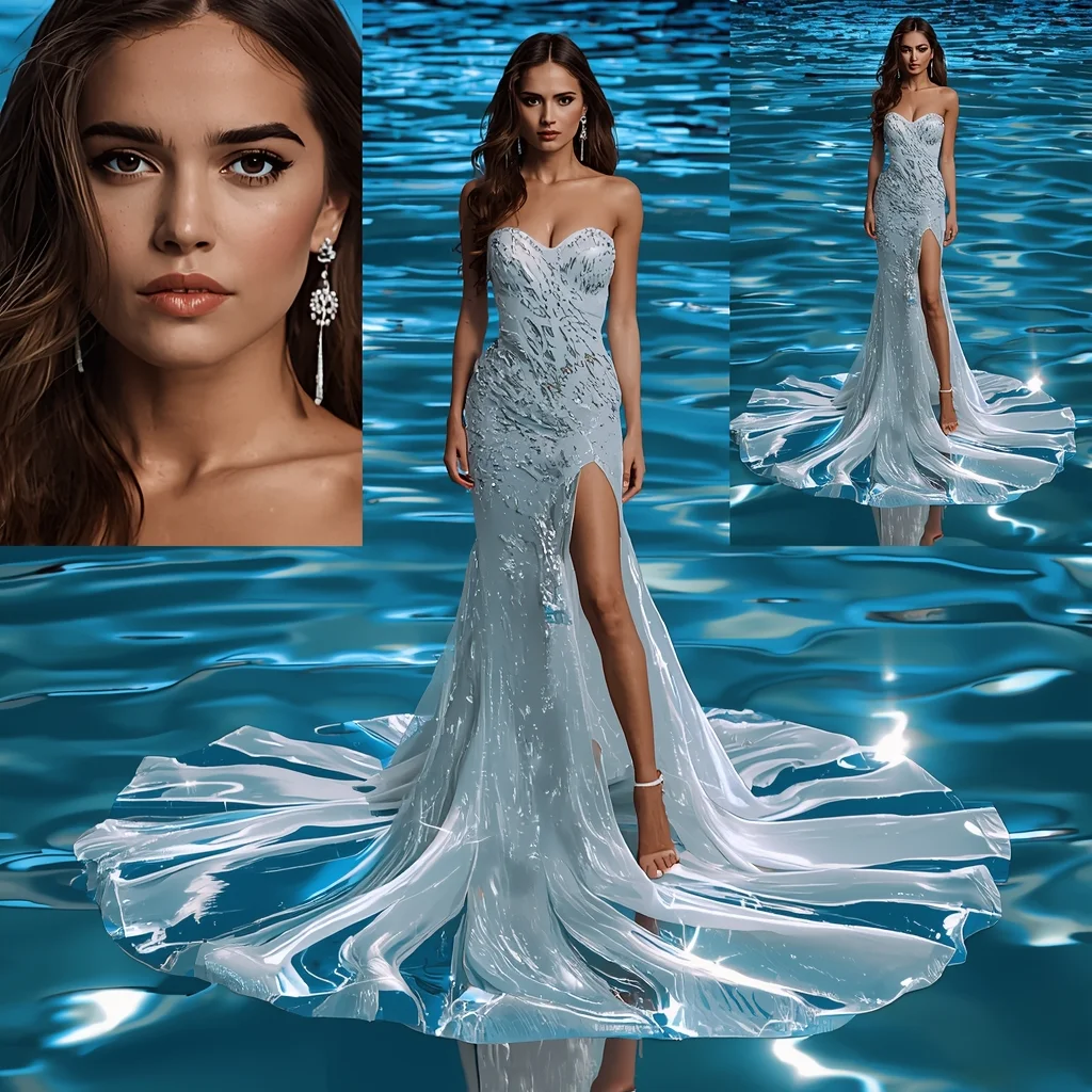 Water Glow Ripple With Mirror Light Reflection Gown Poses | Female Model Ai Prompt