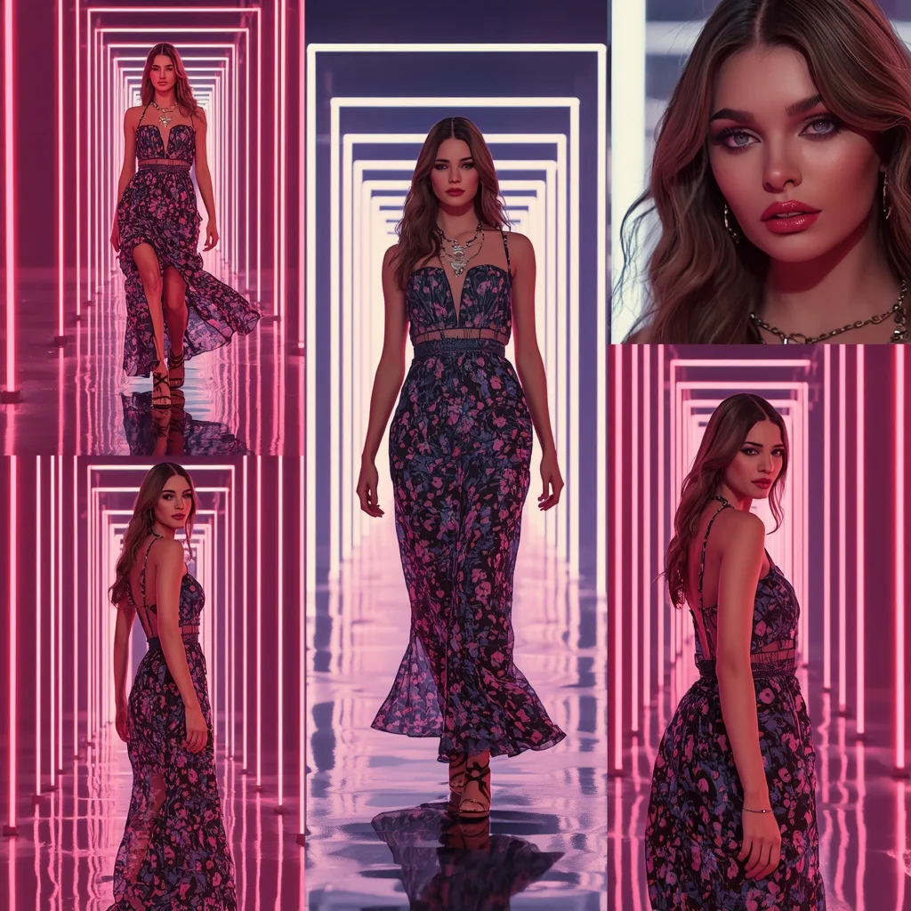 Western Dress Neon Light Runway Collage Cinematic Aesthetic | Ideogram Ai Prompt