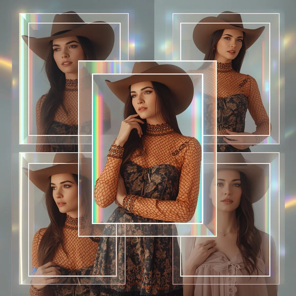 Western Dress Prism Glow Frame Layers Collage Premium Cinematic Fashion | Gemini Ai Prompt