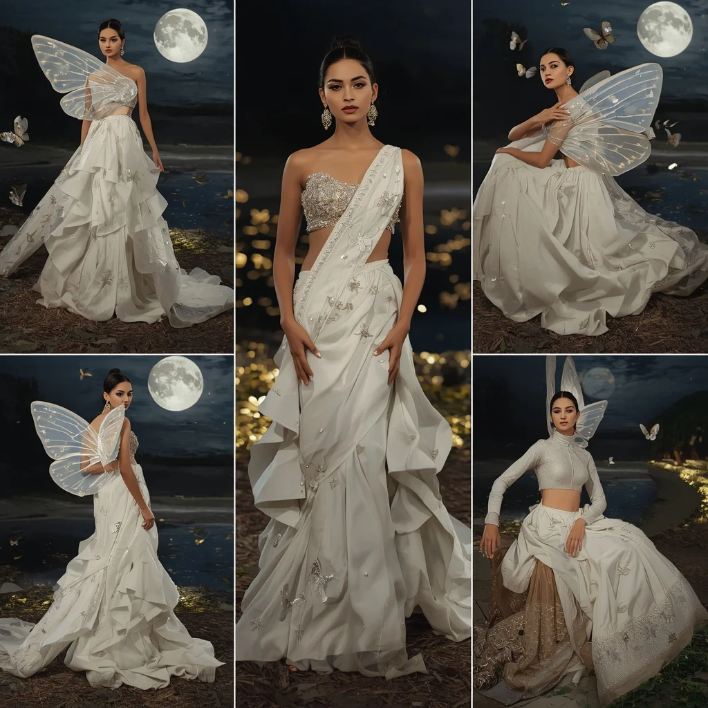 White Swan Butterfly Saree with Multi Pose Moonlight Lake Background | Influencer Ai Prompt